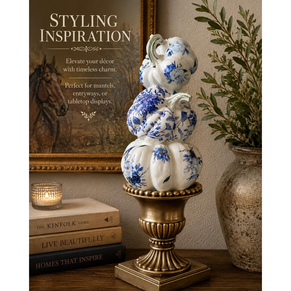 Handmade Chinoiserie Stacked Pumpkin Blue White Fall Decor Resin 12"